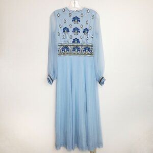 Alfred Shaheen 1970's sheer-sleeved pleated skirt maxi dress